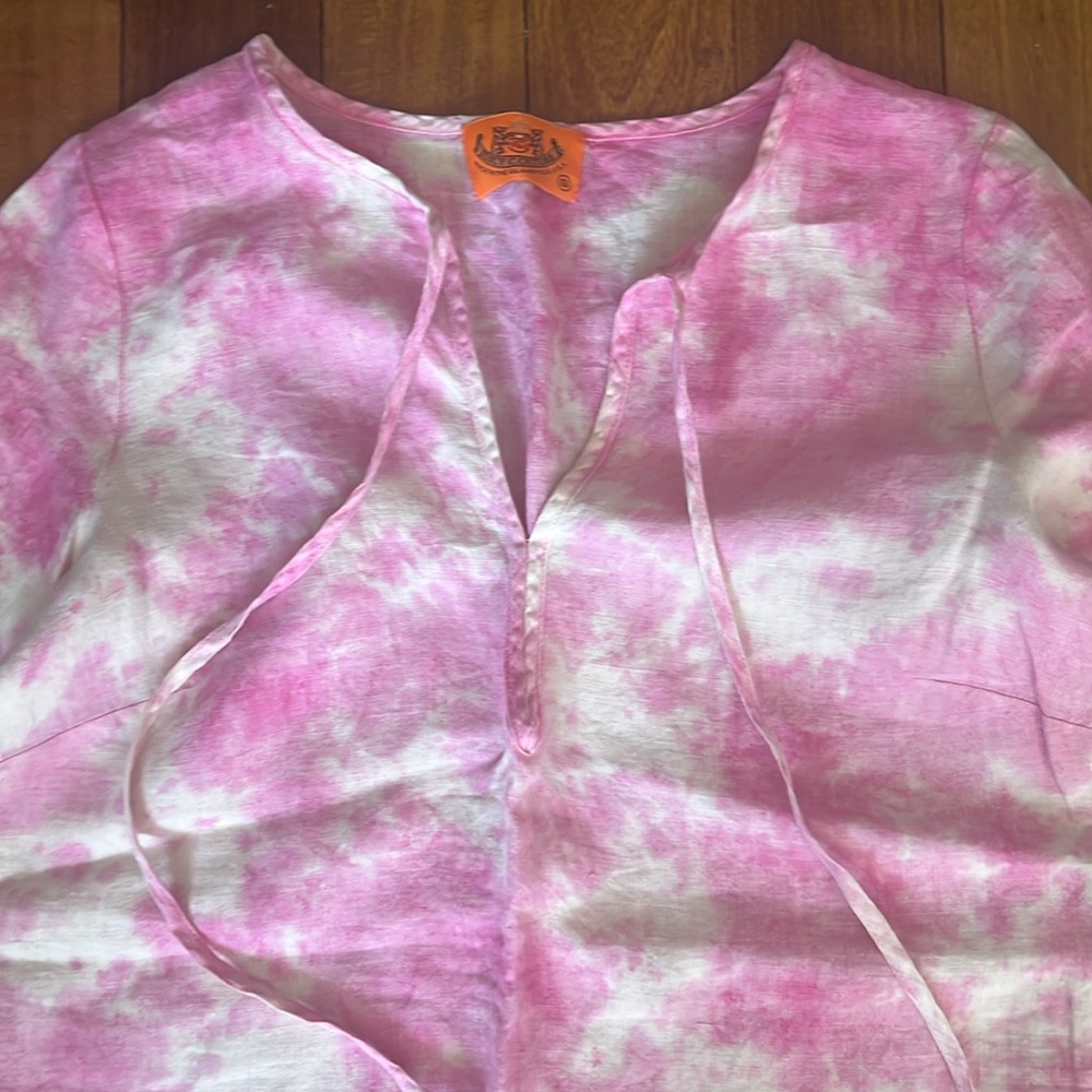 Juicy Couture Pink Linen Tie Dye Bell
Sleeve Blouse sz S Excellent Condition - Picture 7 of 8